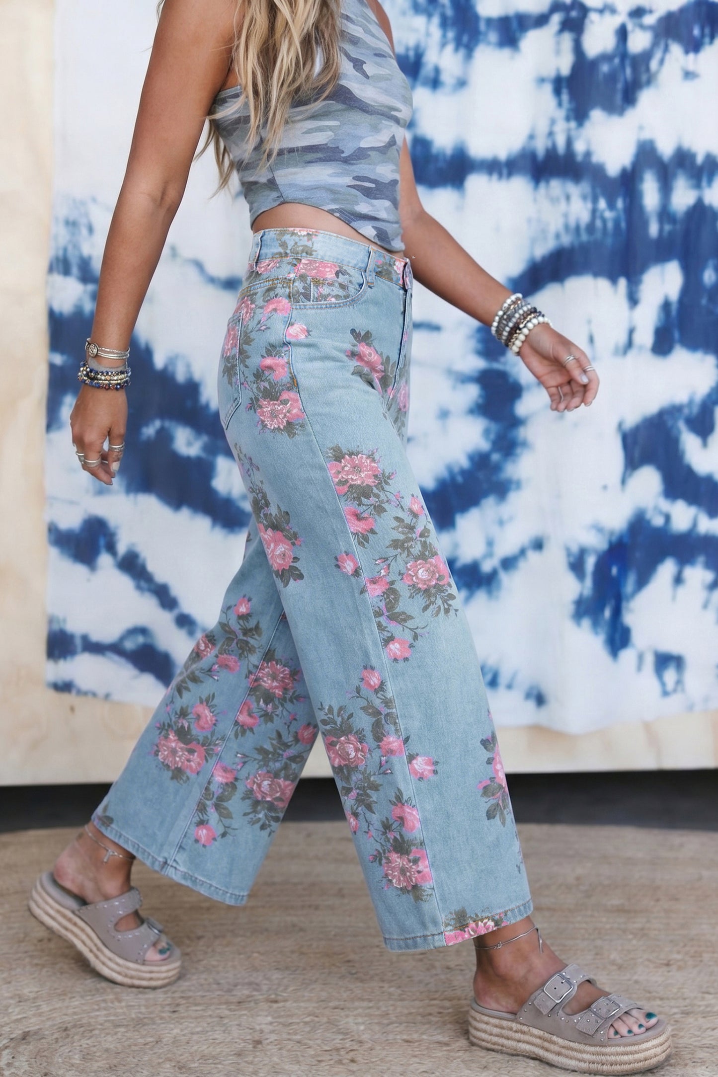 Stacey B's Sky Blue Garden Floral Print Bootcut Jeans