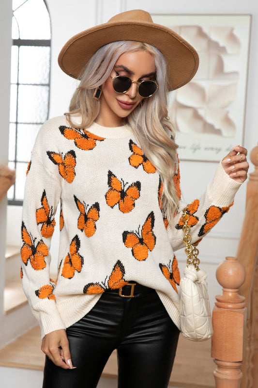 Stacey B's Butterfly Round Neck Long Sleeve Sweater