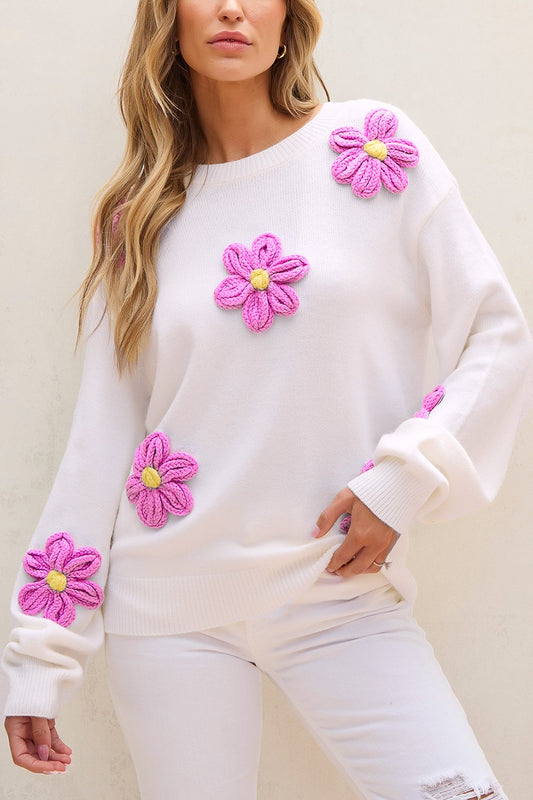 Stacey B's Crochet Flower Round Neck Long Sleeve Sweater
