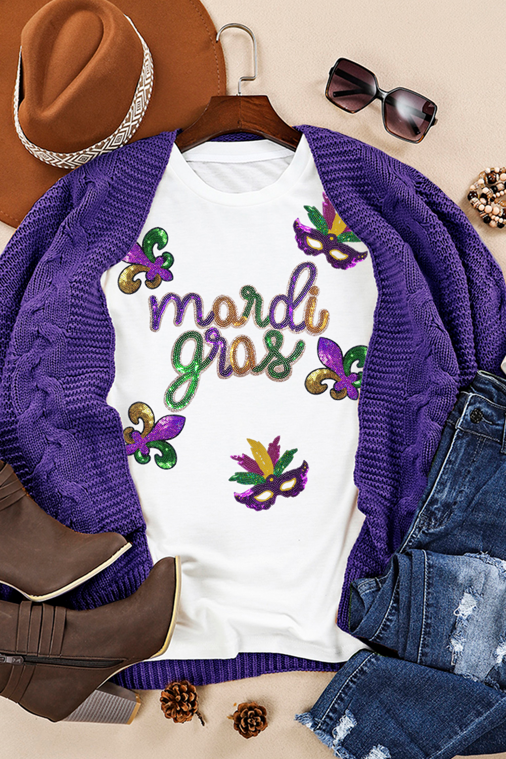 Stacey B's White Sequin Mardi Gras Pattern Graphic Crewneck Tee