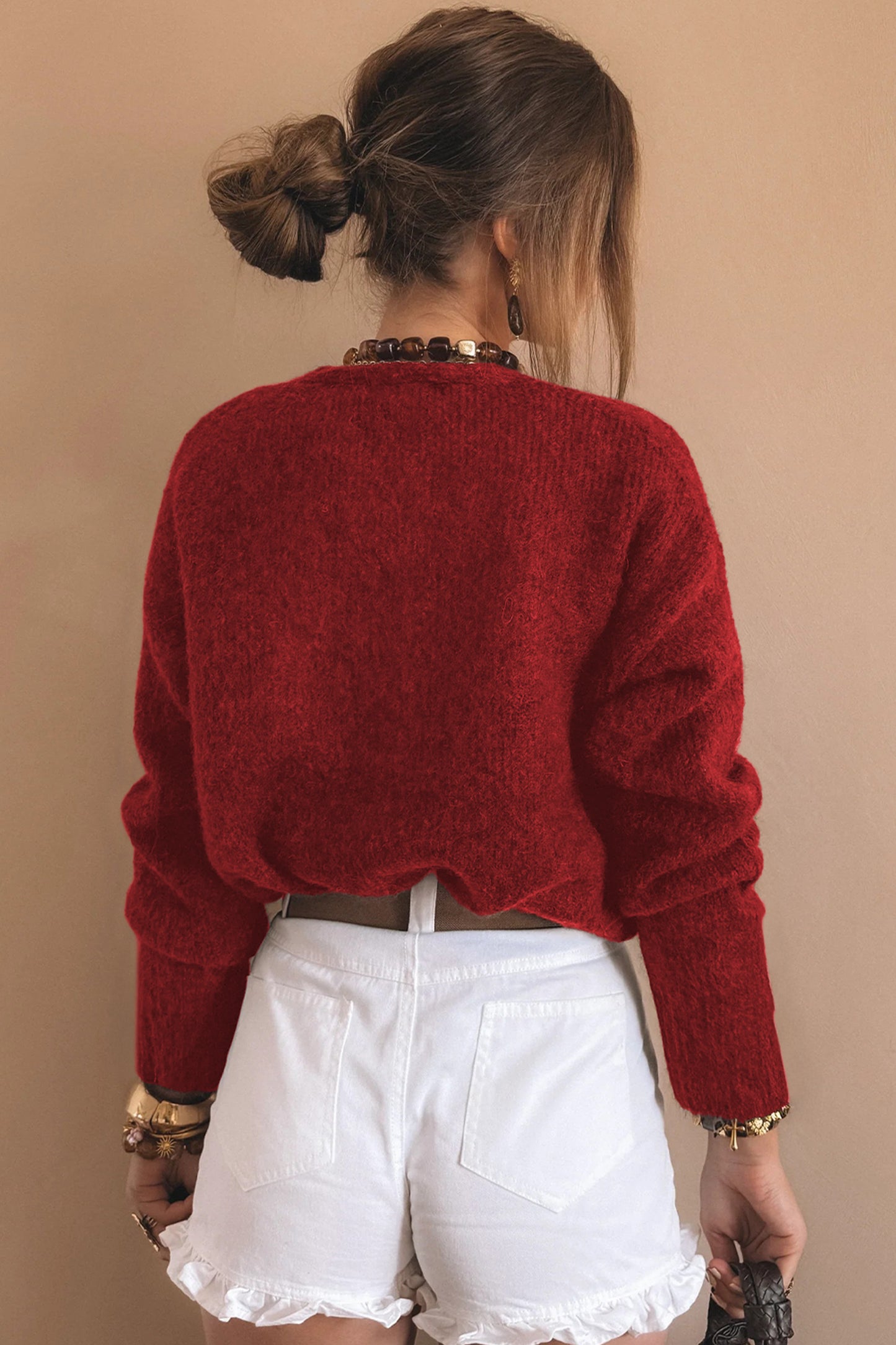 Stacey B's Fiery Red Heart Metal Button V Neck Cardigan Sweater