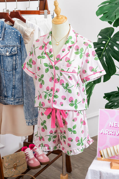 Stacey B's Pink Striped Strawberry Print Lapel Shirt Drawstring Shorts 2pcs Pajama Set