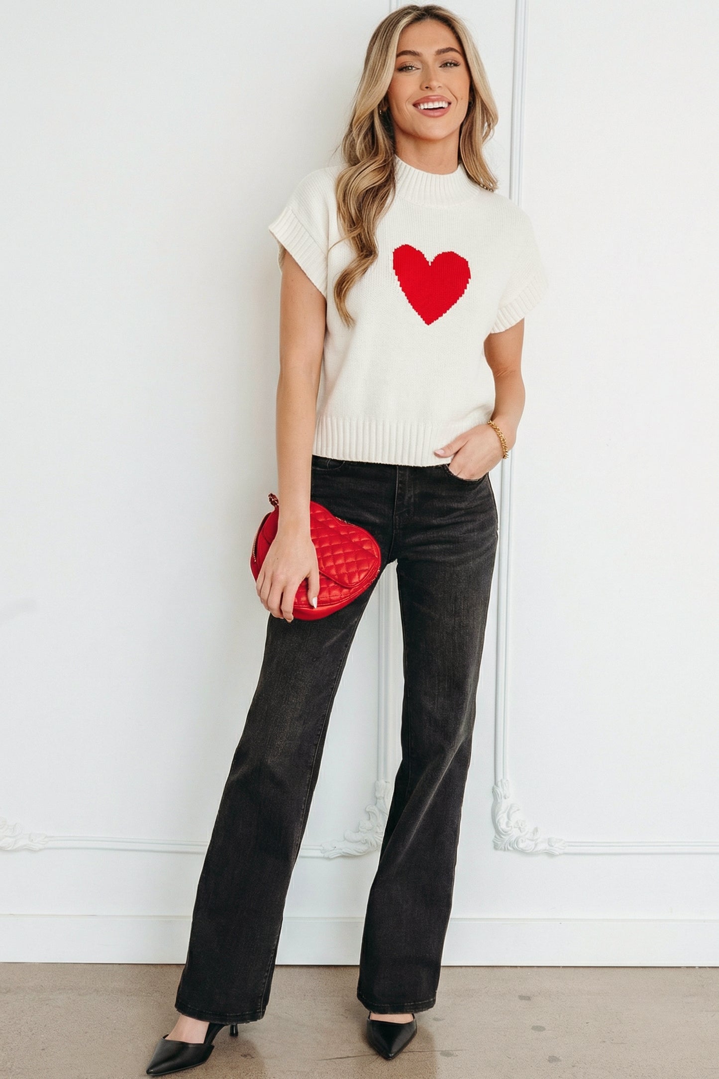 Stacey B's White Valentine Heart Graphic Cropped Short Sleeve Sweater