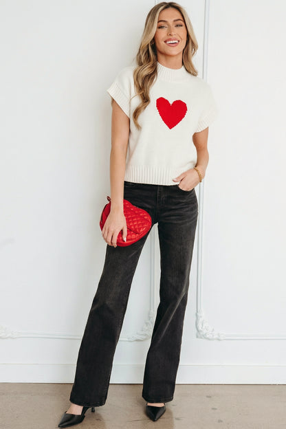 Stacey B's White Valentine Heart Graphic Cropped Short Sleeve Sweater