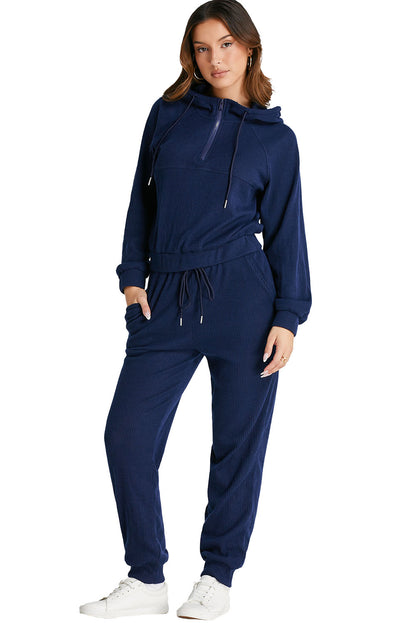 Stacey B's Navy Blue Ribbed Knit Cropped Hoodie and Drawstring Joggers Set