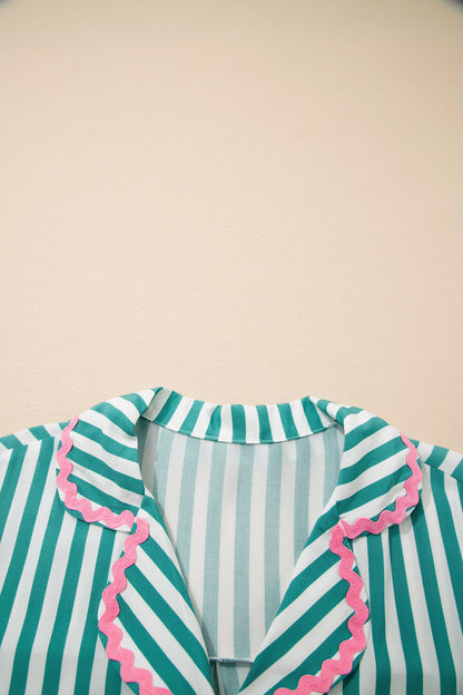 Stacey B's Green Stripe Contrast Ricrac Trim Long Sleeve Shirt Drawstring Ruffled Pajama Short Set