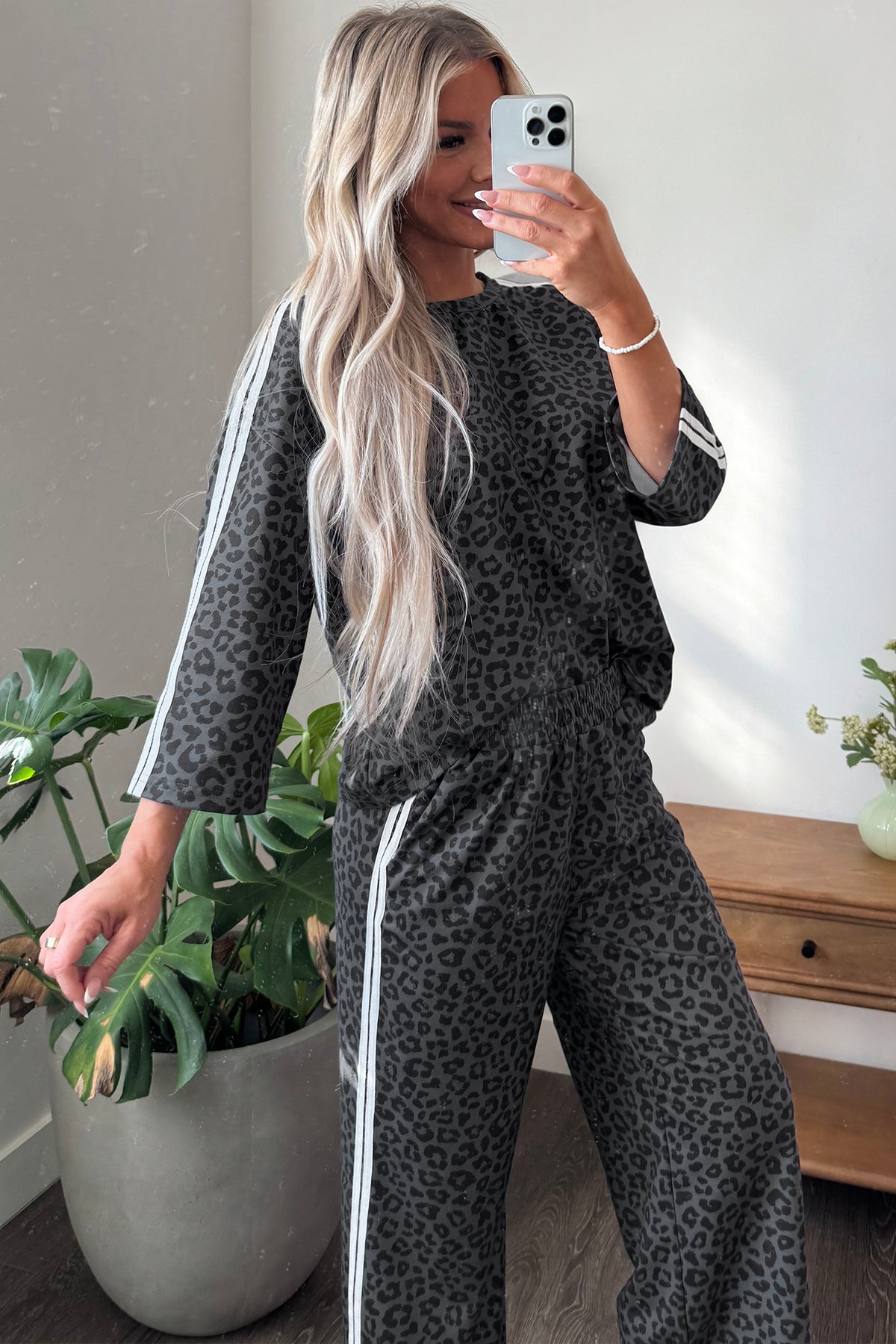 Stacey B's Gray Leopard Print Varsity Striped Detail 3/4 Sleeve Top Shift Pant Set