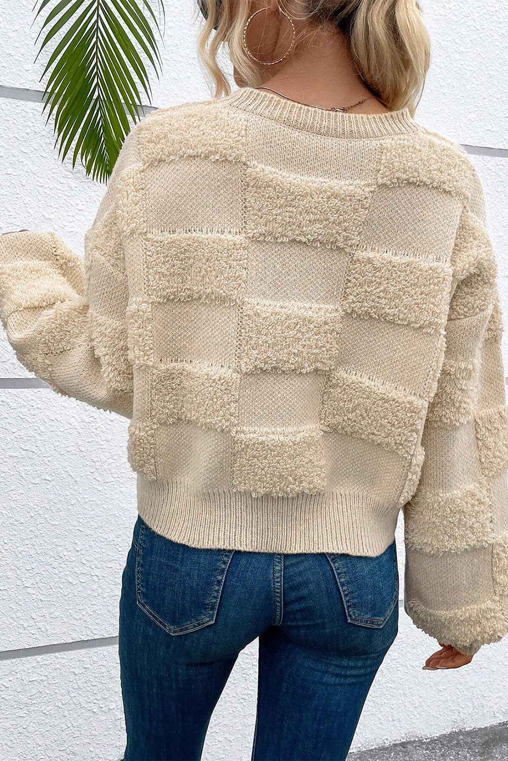 Stacey B's Parchment Checkered Sherpa Crew Neck Loose Sweater