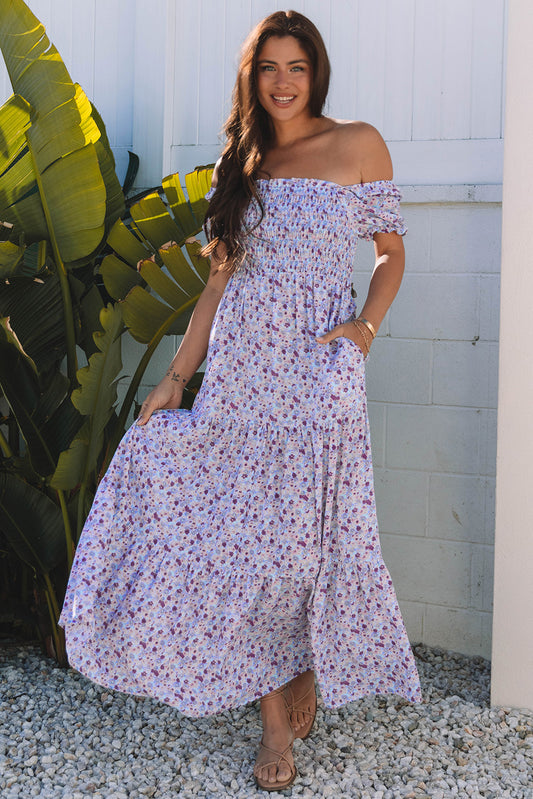 Stacey B's Purple Floral Short Bubble Sleeve Shirred High Waist Maxi Dress