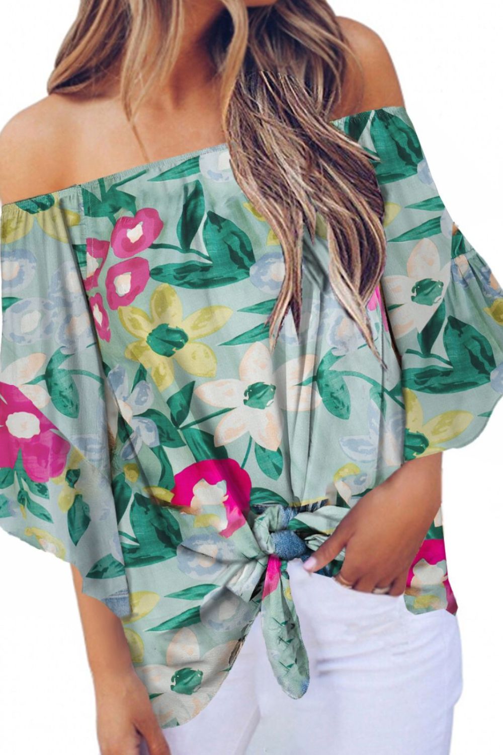 Stacey B's Tied Printed Off-Shoulder Half Sleeve Blouse