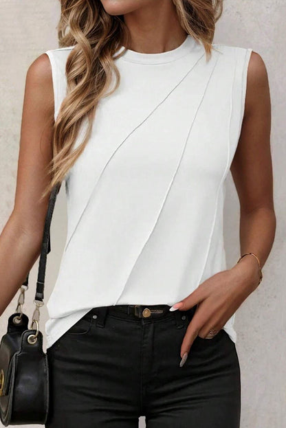 Stacey B's Black Solid Color Crew Neck Pleated Sleeveless Top