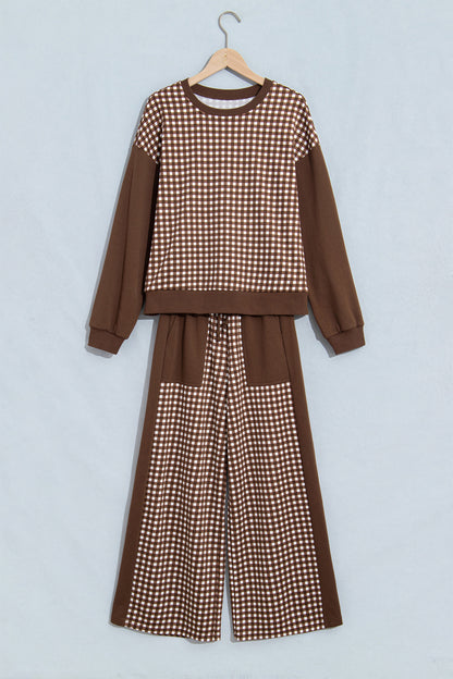 Stacey B's Brown Color Block Plaid Patchwork Long Sleeve Pullover Wide Leg Pant Set