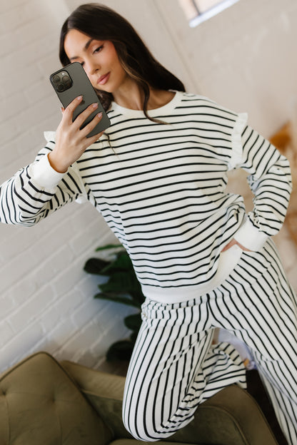 Stacey B's White Stripe Ruffle Trim Drop Shoulder Top Drawstring Loose Pant Set