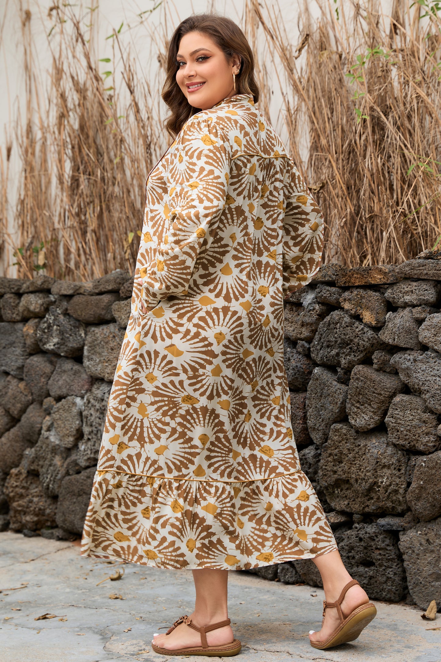 Stacey B's Khaki Abstract Plant Print Loose Plus Size Long Dress