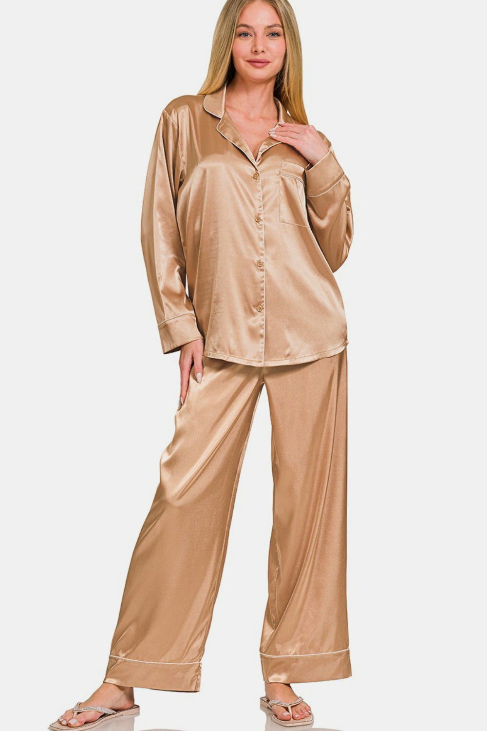 Stacey B's Zenana Satin Long Sleeve Shirt and Pants Pajama Set