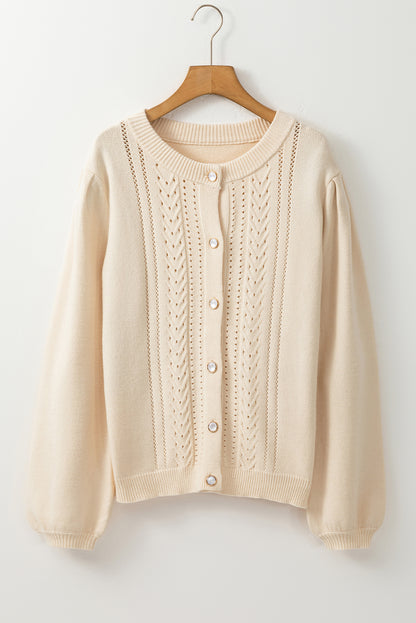 Stacey B's Apricot Pleated Sleeve Hollow Detail Button Sweater Cardigan