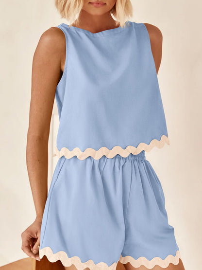 Stacey B's Contrast Trim Round Neck Top and Shorts Set