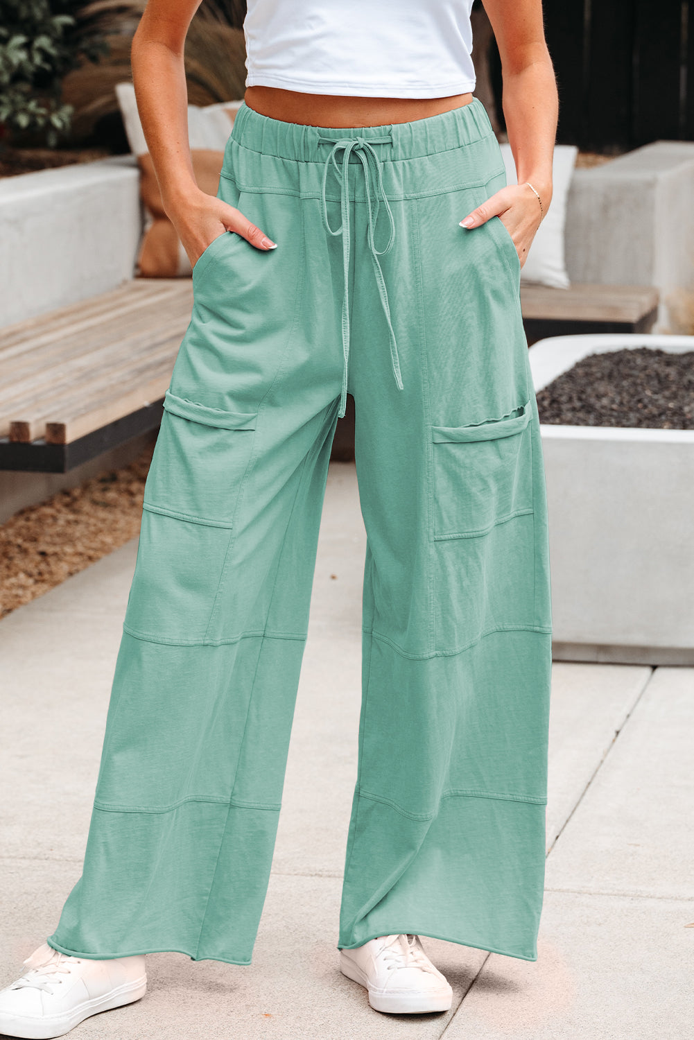 Stacey B's Mint Green Mineral Wash Exposed Seam Drawstring High Waist Wide Leg Cargo Pants
