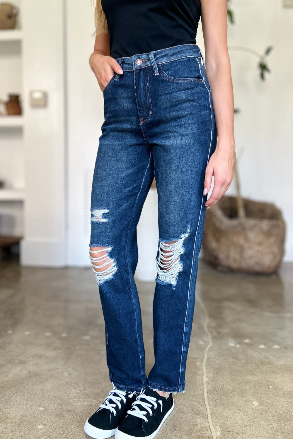 Stacey B's Judy Blue Full Size High Waist Rigid Magic Heavy Destroy Straight Jeans