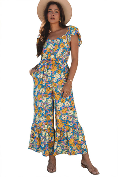 Stacey B's Yellow Floral Allover Print Shirred Cut Out High Waist Jumpsuit