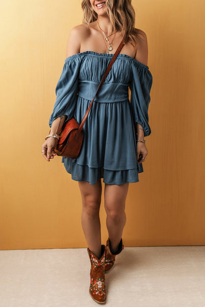 Stacey B's Real Teal Frilled Neckline 3/4 Sleeve Layered Ruched Mini Dress