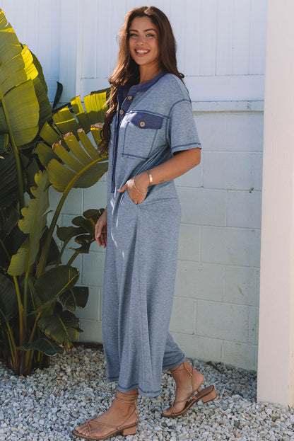Stacey B's Beau Blue Half Placket Chest Pockets Short Sleeve Wide Leg Jumpsuit