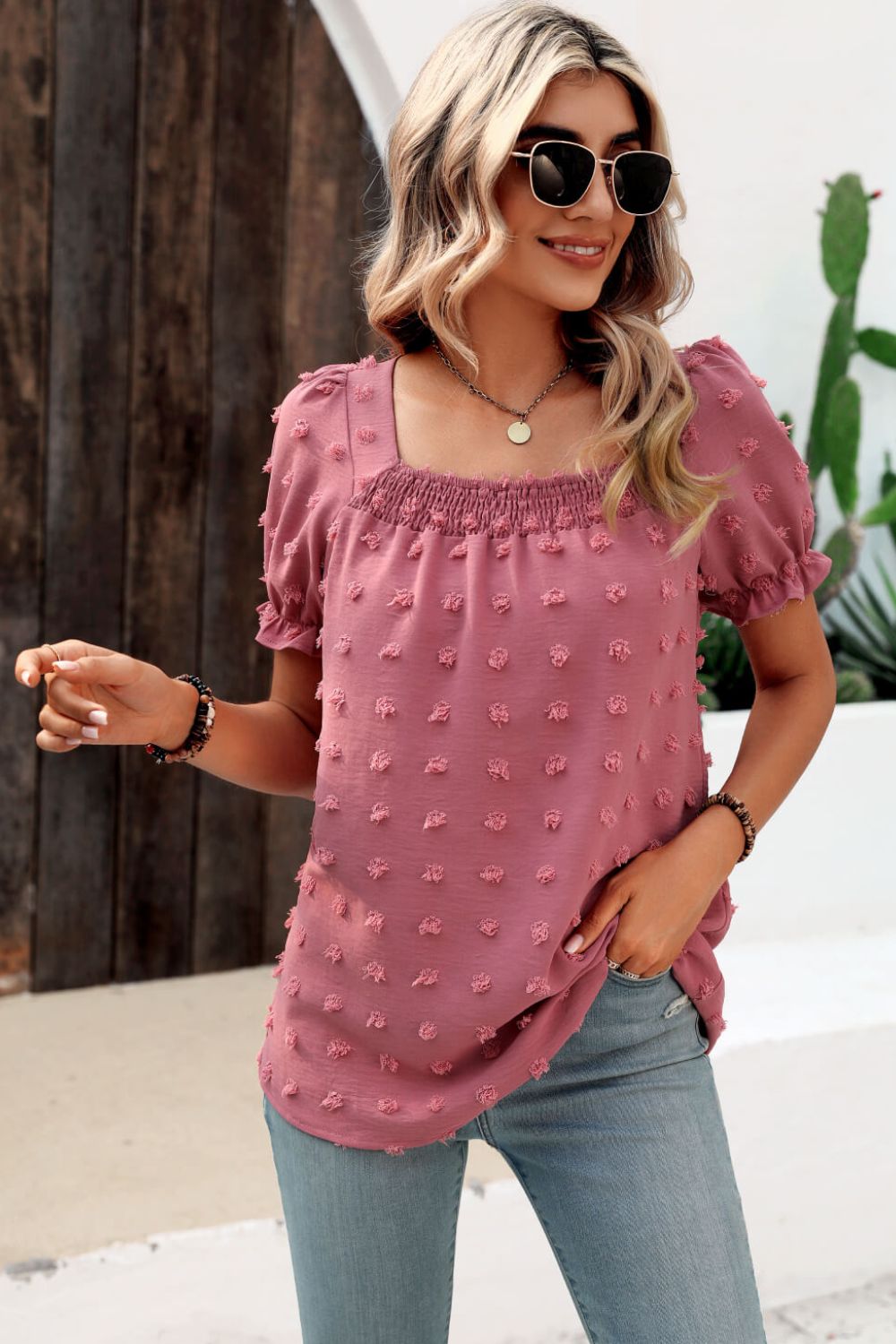 Stacey B's Swiss Dot Puff Sleeve Square Neck Blouse