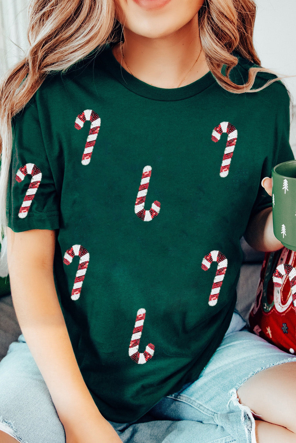 Stacey B's Green Christmas Candy Cane Graphic Casual T Shirt