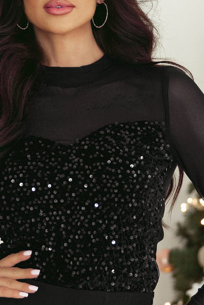 Stacey B's Black Sequin Velvet Sheer Mesh Mock Neck Blouse
