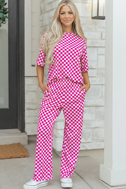 Stacey  B's Rose Checkered Print Half Sleeve Tee 2pcs Lounge Pant Set