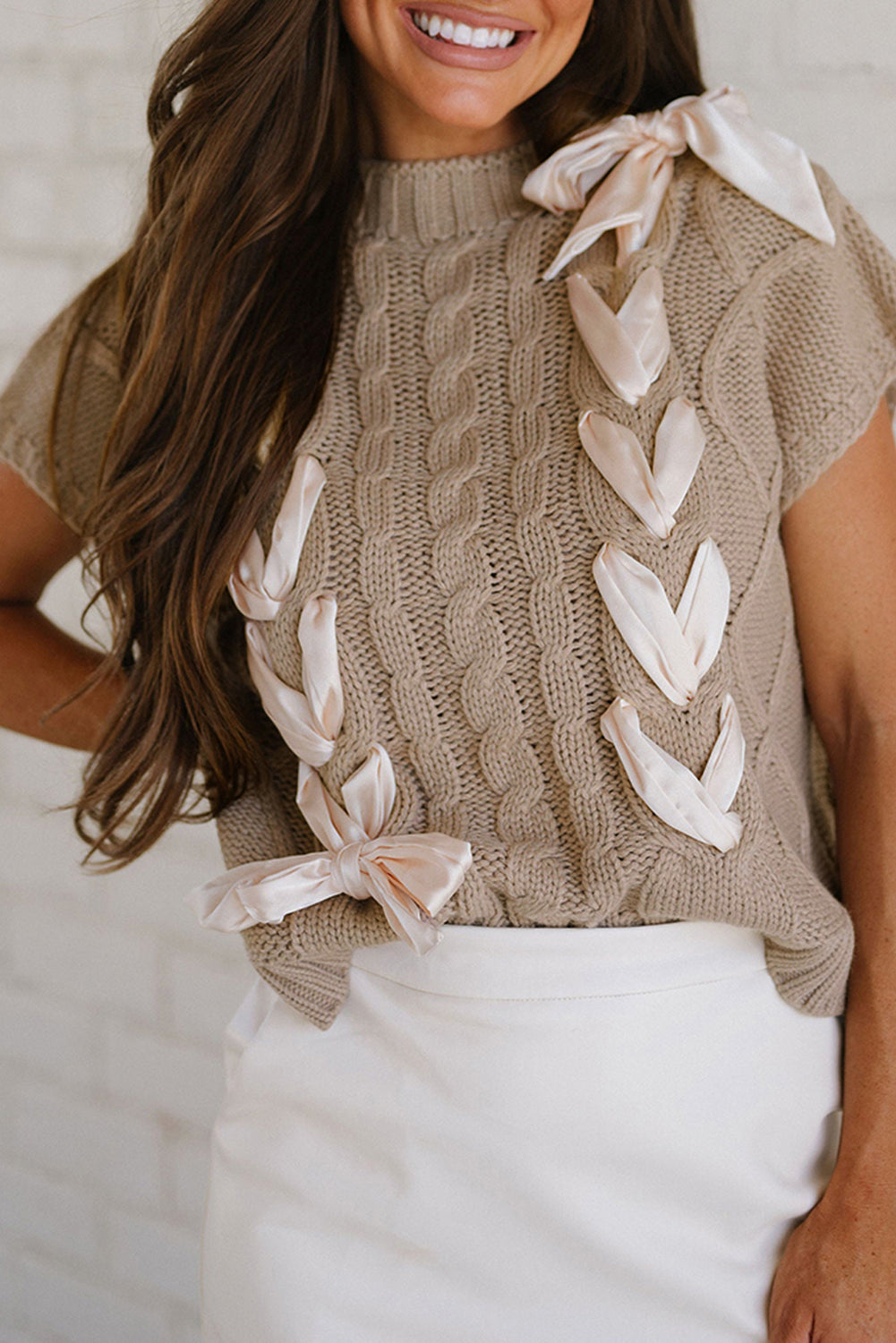 Stacey B's Simply Taupe Cable Knit Colorblock Satin Bowknot Short Sleeve Sweater