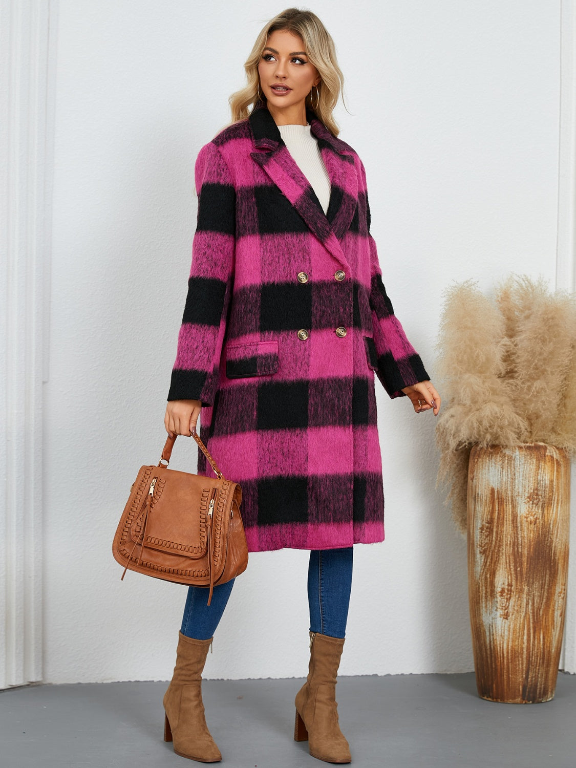 Stacey B's Plaid Double-Breasted Long Sleeve Coat