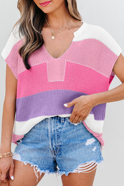 Stacey B's Pink Color Block Notch V Neck Sweater T Shirt