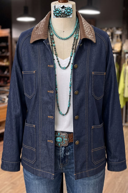 Stacey B's Navy Blue Contrast Collar Stitched Detail Button Denim Jacket