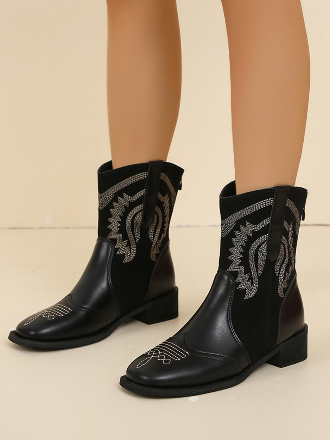 Stacey B's Embroidered PU Leather Block Heel Boots