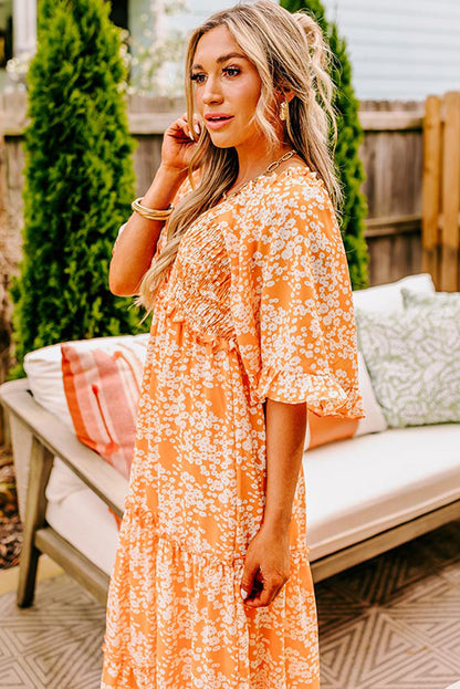 Stacey B's Orange Floral Print Smocked V Neck Wide Sleeve Maxi Dress