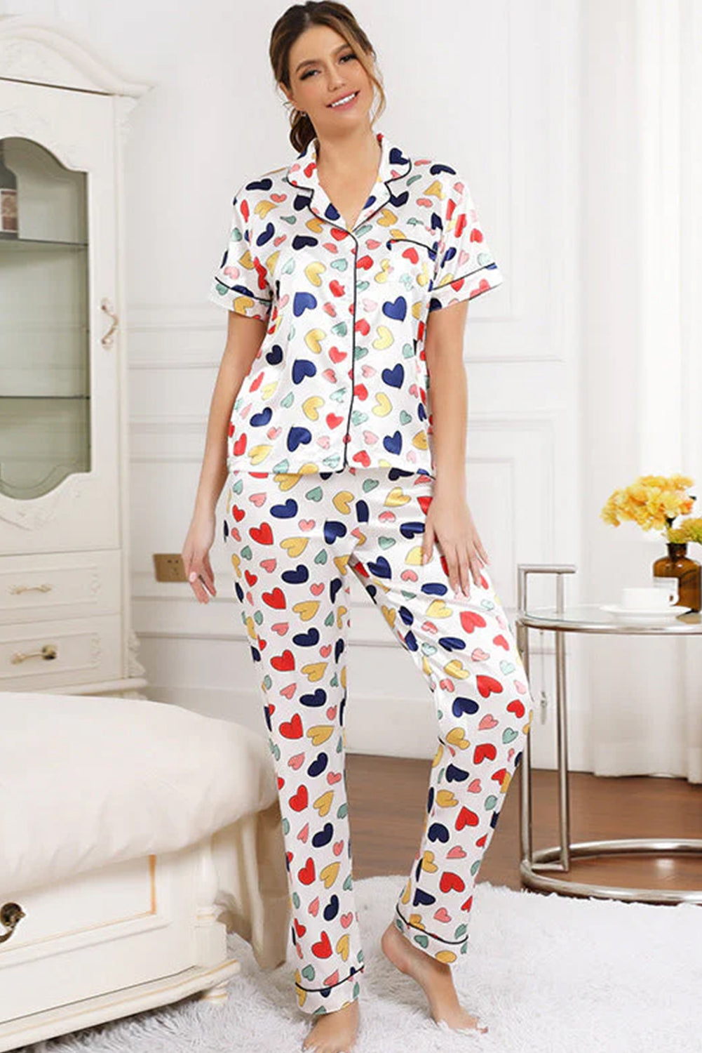 Stacey B's White Heart Graphic Lapel Collar T Shirt And Pant Pajama Set