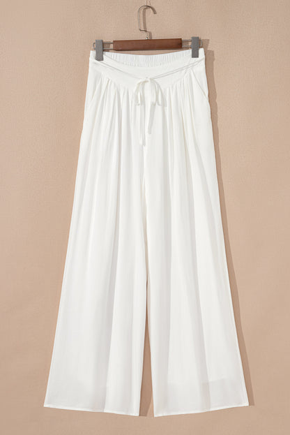 Stacey B's White Solid Drop Waist Pleated Wide Leg Casual Pants