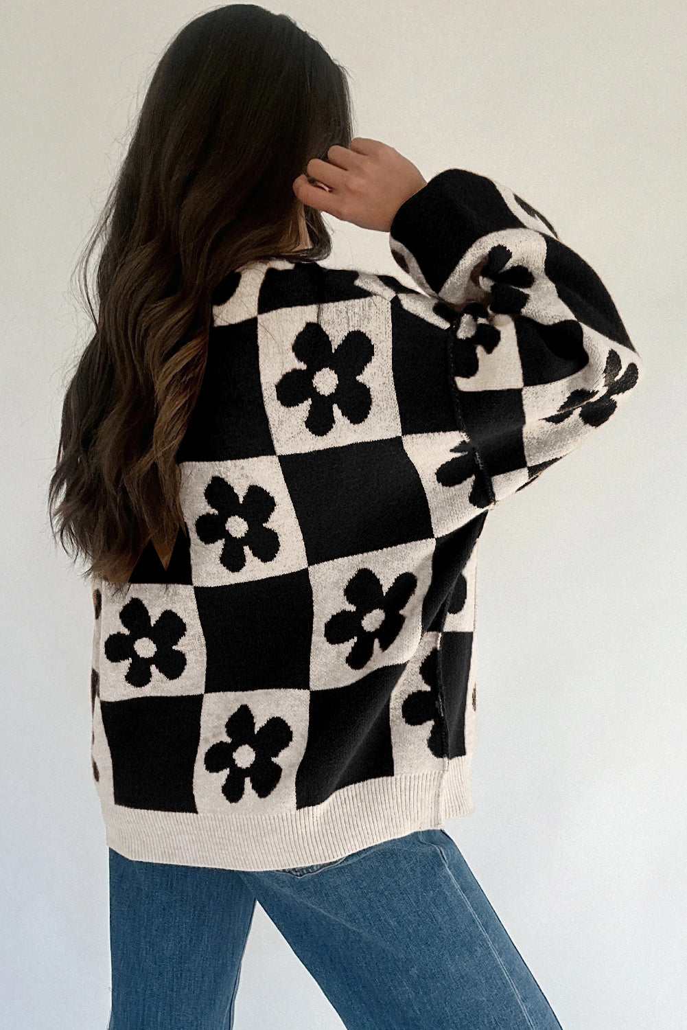 Stacey B's Black Flower Colorblock Checkered Henley Sweater