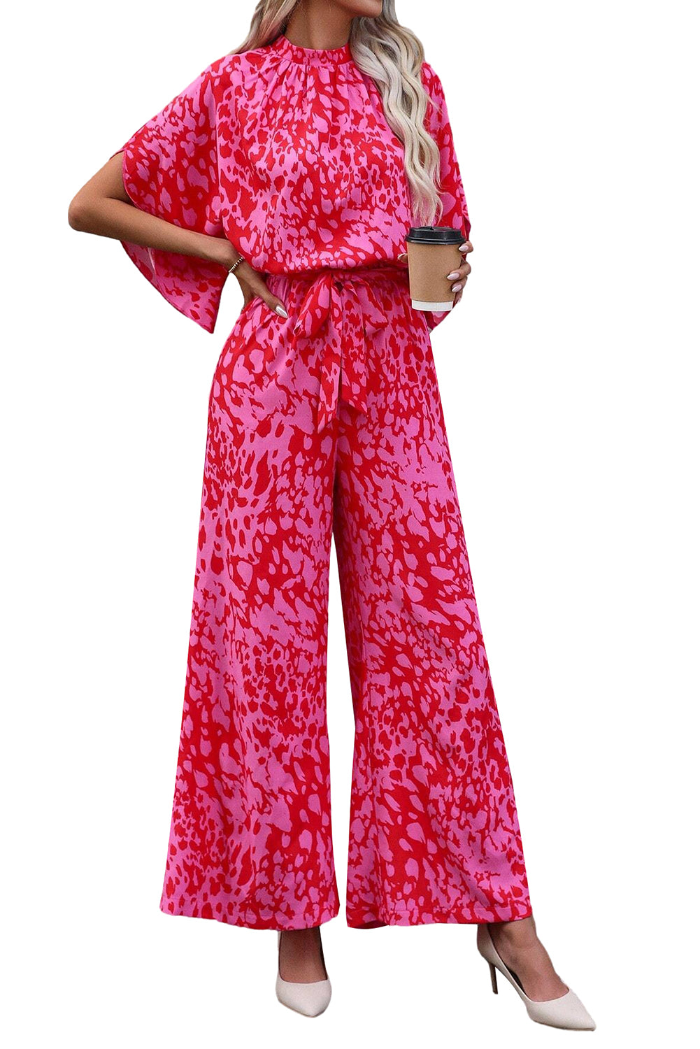 Stacey B's Rose Leopard Print Flounce Sleeve Belted Wide Leg Jumpsuit