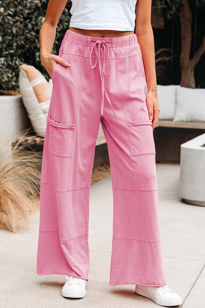 Stacey B's Bonbon Mineral Wash Exposed Seam Drawstring Elastic Waistband Wide Leg Cargo Pants