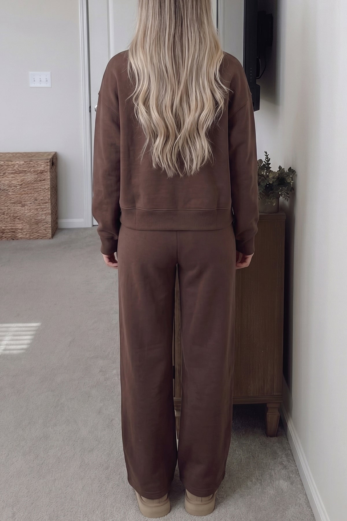 Stacey B's Coffee Solid Color Piping Trim Mock Neck Pullover Drawstring Pants Set