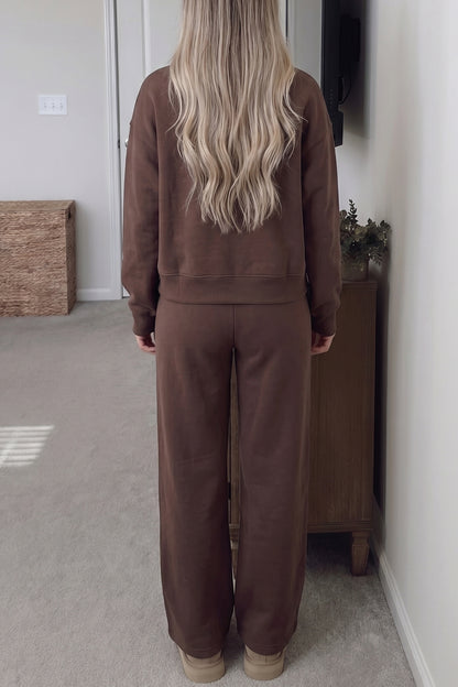 Stacey B's Coffee Solid Color Piping Trim Mock Neck Pullover Drawstring Pants Set