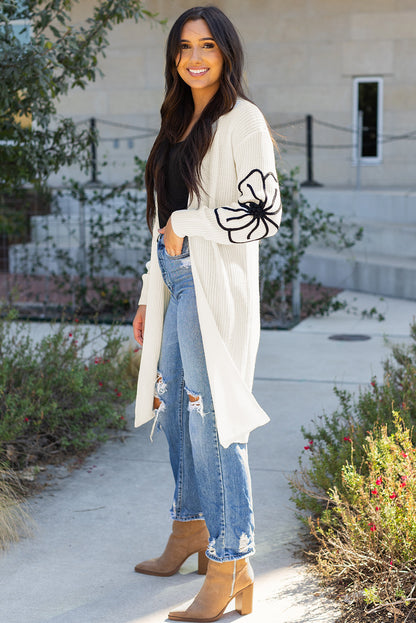 Stacey B's Beige Flower Embroidered Drop Shoulder Open Front Duster Cardigan