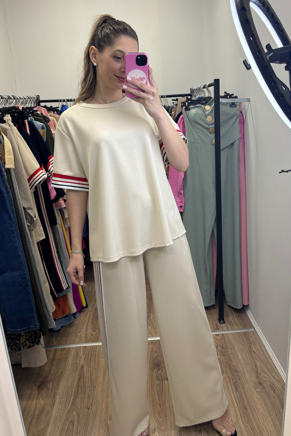 Stacey B's Jet Stream Contrast Striped Trim Crewneck T Shirt Loose Straight Pants Set