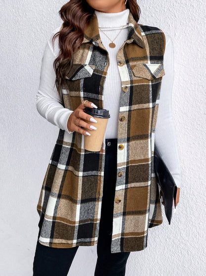 Stacey B's Honey Plus Size Pocketed Plaid Button Up Vest Coat