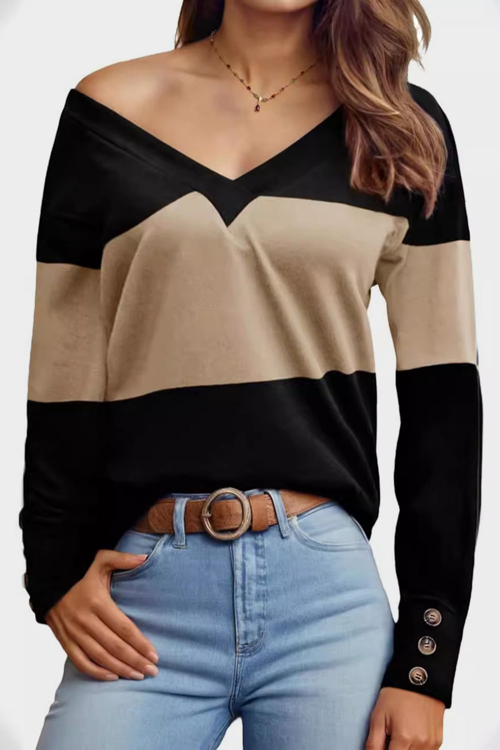 Stacey B's Decorative Button Contrast V-Neck Long Sleeve T-Shirt