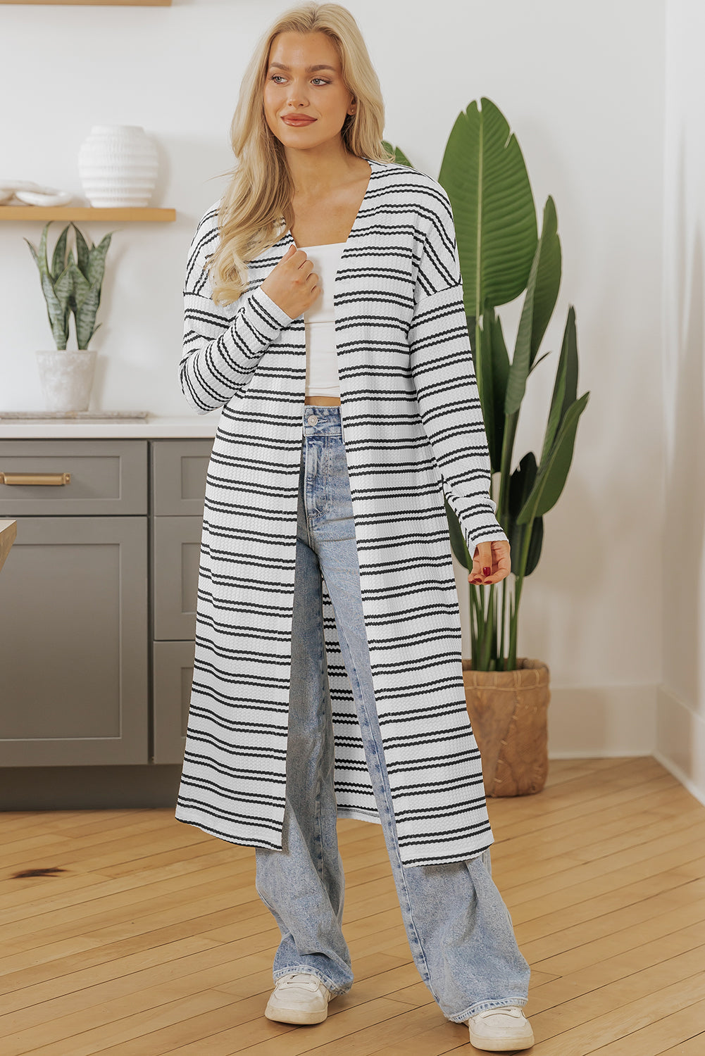 Stacey B's Black Stripe Print Open Front Duster Cardigan