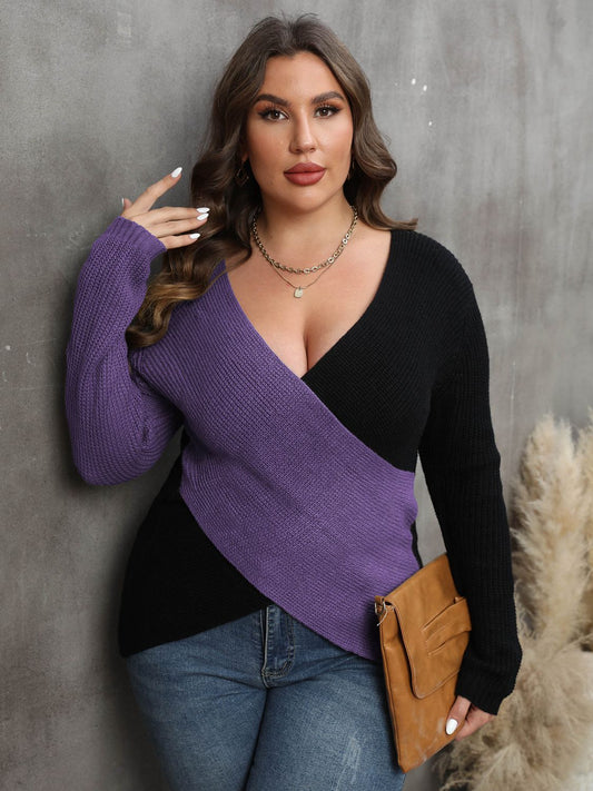 Stacey B's Plus Size Two-Tone Surplice Neck Sweater