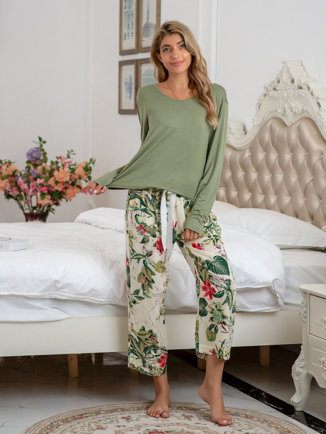 Stacey B's Round Neck Top and Printed Pants Lounge Set